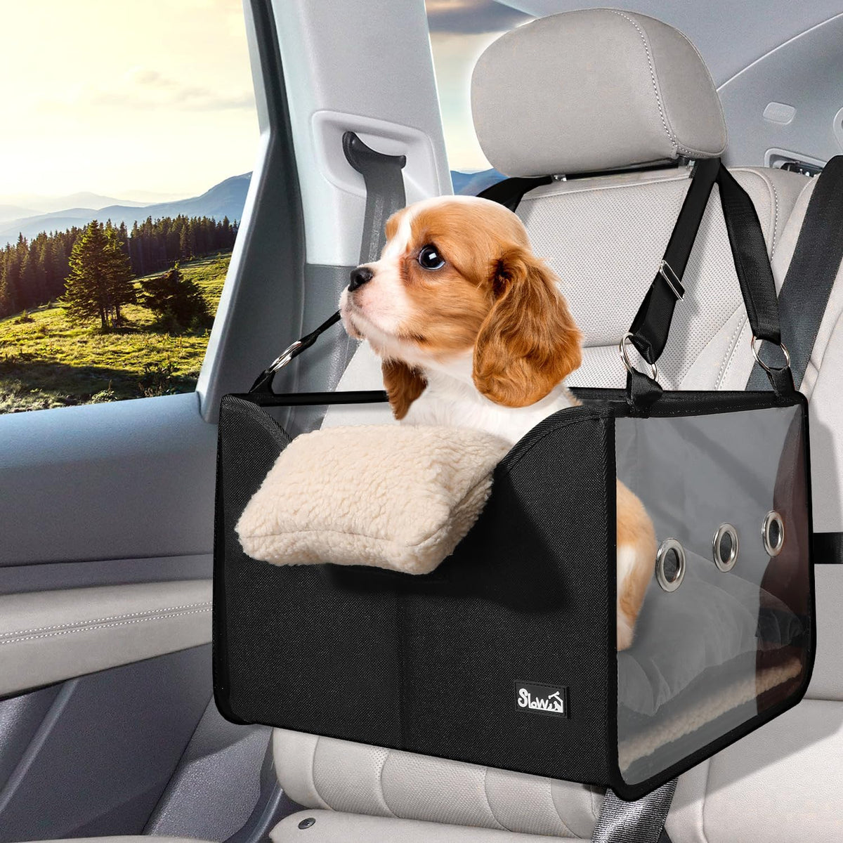 SlowTon Dog Car Seat for Small Dogs - Elevated Portable Dog Booster Seat Under 18 lbs, Pet Dog Travel Carrier with Clear Side Panel, Safety Belt and Soft Cushion