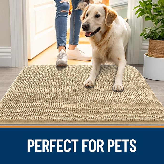 OLANLY Dog Door Mat for Muddy Paws 45x27, Absorbs Moisture and Dirt, Absorbent Non-Slip Washable Doormat, Quick Dry Chenille Mud Mat for Dogs, Entry Indoor Entryway Carpet for Inside Floor, Beige