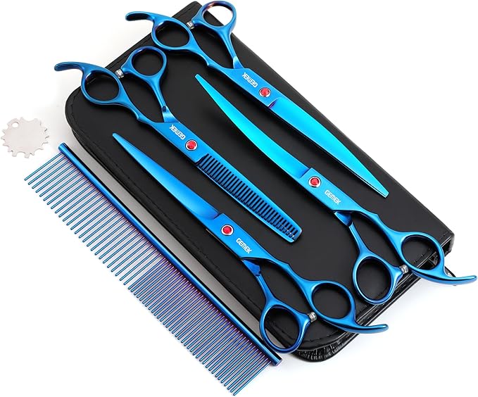 7.0in Titanium Professional Pet Grooming Scissors Set, GEMEK 6 in 1 Straight & Thinning & Upwards Curved & Downwards Curved Scissors & Comb for Dogs, Cats (Blue)