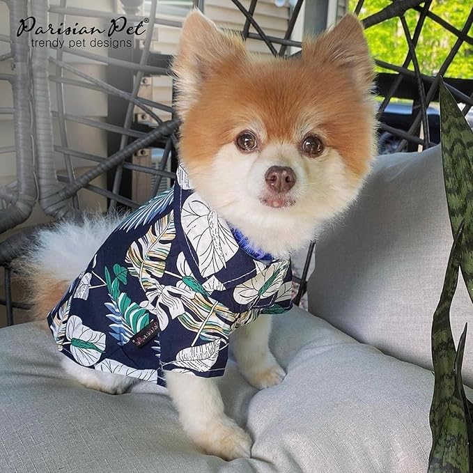 Parisian Pet Palm Leaves Shirt - 100% Cotton Summer Clothes - Stylish Beach Outfit for Dogs - Hook and Loop Closure Costume - Machine Washable - XL for Large Dogs