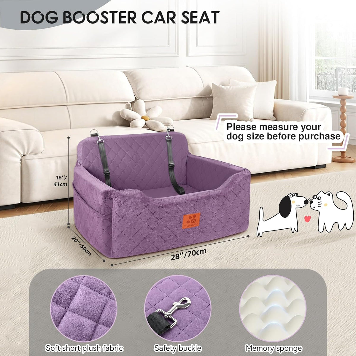 Dog Car Seat for Medium/Large Dogs, Dog Booster Seat for Pet Under 50lbs or 2 Small, Detachable and Washable Pet Car Seat,Multi-Functional Pet Travel Bed for Backseat(Purple)