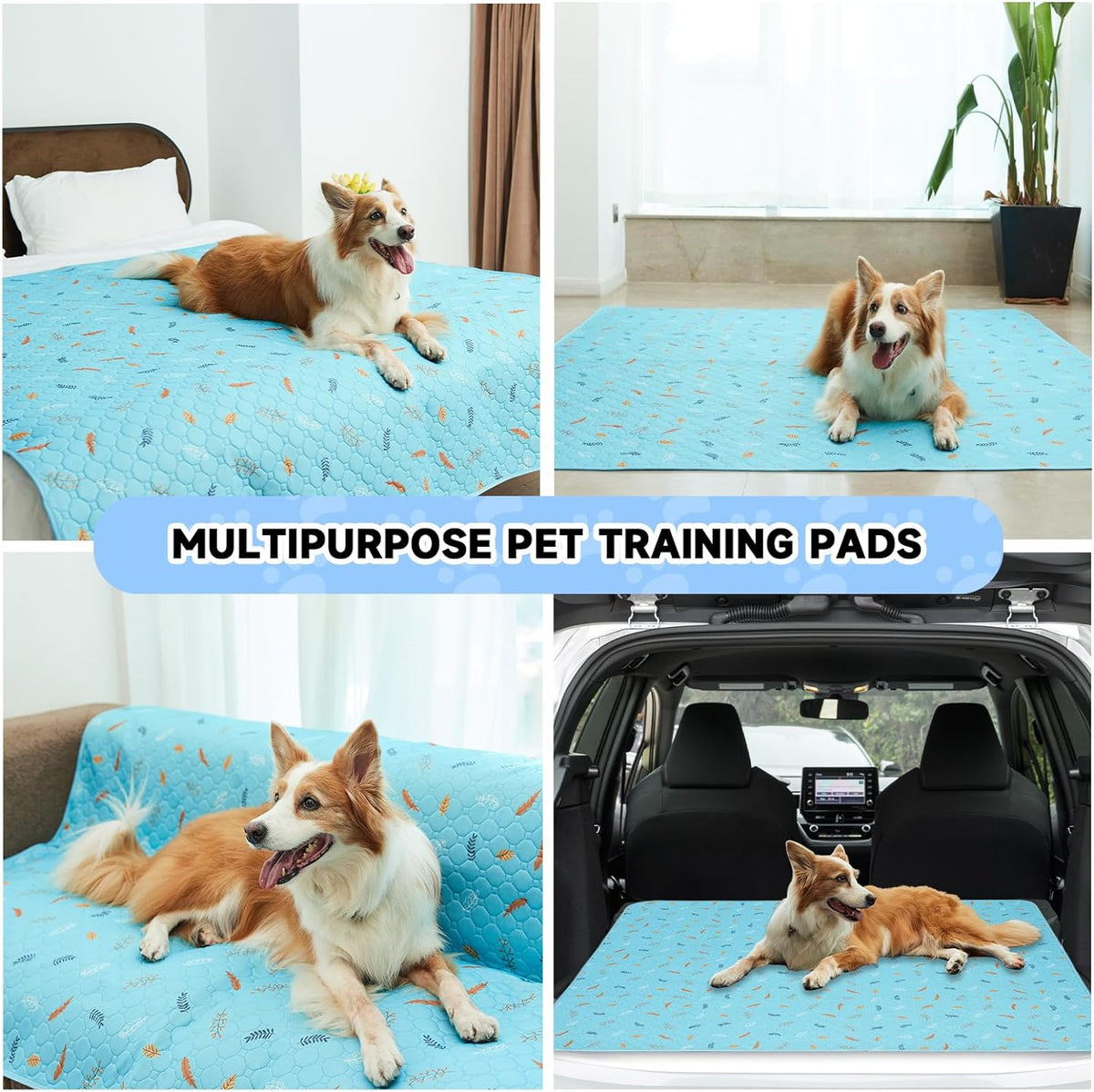 Sunheir Washable Pee Pads for Small Pet 5-Pack, Reusable Pet Training Pads Absorbent & Leak-Free, Waterproof Pee Pads for Dog Cat Rabbit Guinea Pig Hamster, Whelping Pad (Leaves - Sky Blue, 12x12)