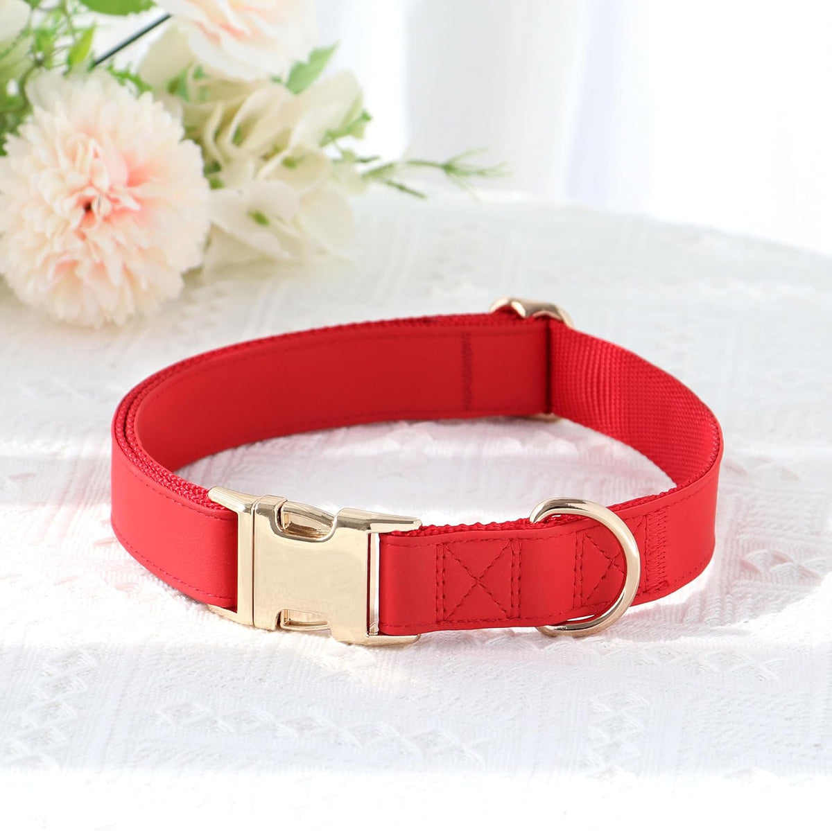 PET ARTIST Soft PU Leather Dog Collar, Bright & Classic Red Dog Collar with Quick Release Rose Metal Buckle, Adjustable Nylon Padded Durable Pet Collars for Medium Dogs Girl, Neck Fit 13-19"