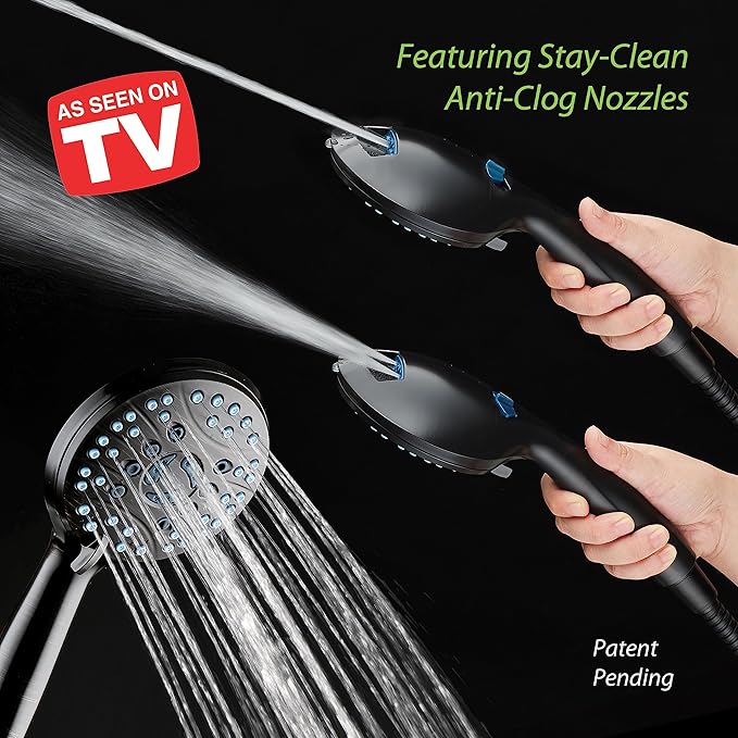 AquaCare High Pressure 8-mode Handheld Shower Head - Anti-clog Nozzles, Built-in Power Wash to Clean Tub, Tile & Pets, Extra Long 6 ft. Stainless Steel Hose, Wall & Overhead Brackets