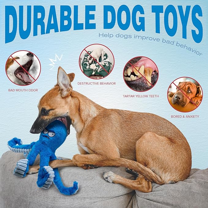 LEGEND SANDY Tough Dog Toys, Stuffed Chew Large Dog Toys to Keep Them Busy, Interactive Squeaky Tug of War Doggie Toy, Crinkle Blue Octopus