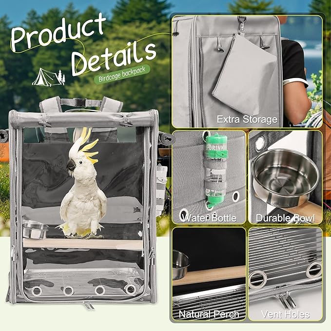 Suertree Bird Carrier Travel Cage, Cockatoo Carrier, Parrot Travel Backpack with Unbreakable Stainless Steel Mesh, Perch, Water Bottle and Food Bowl, X-Large Grey