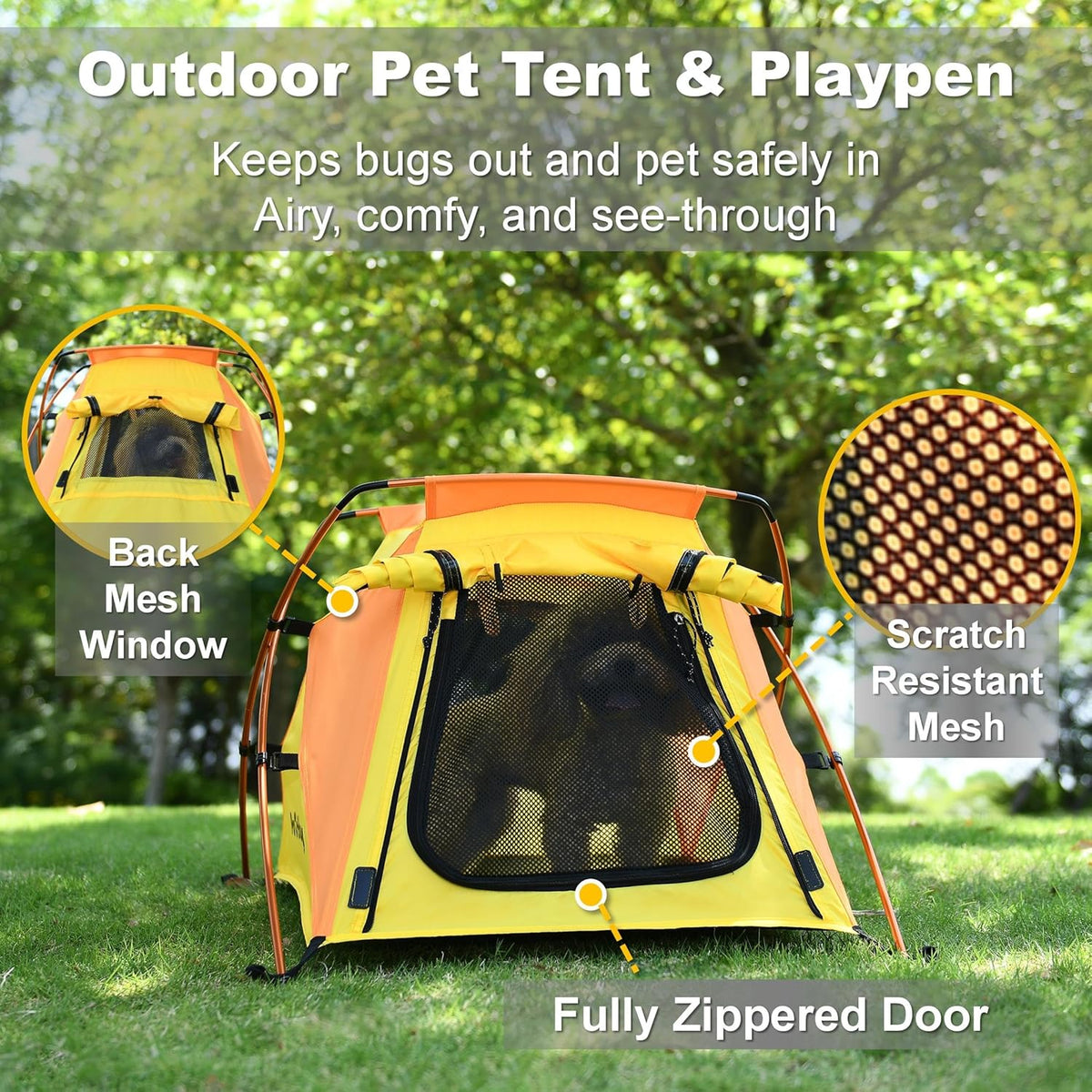 Dog Tent and Portable Playpen Outdoor Waterproof, with Aluminum Poles and Camping Mat, Pet Tent with Zippered Mesh Door, Dog House Outdoor, for Camping, Travel, Backyard, Patio (Yellow, Small)