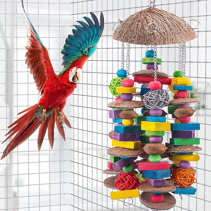 EBaokuup Large Bird Parrot Toys, Colorful Wooden Blocks Bird Chewing Toy Parrots Cage Bite Toy for Macaws Cokatoos African Grey and Large Medium Parrot Birds