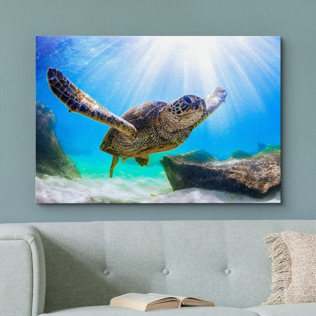wall26 Canvas Print Wall Art Sunlight Ray Tropical Turtle Swimming Ocean Nature Animals Photography Realism Rustic Scenic Landscape Wilderness Colorful for Living Room, Bedroom, Office - 16"x24"