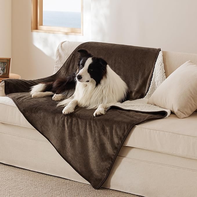 Bedsure Waterproof Dog Blankets for Extra Large Dogs - XL Cat Blanket Washable for Couch Protection, Sherpa Fleece Puppy Blanket, Soft Plush Reversible Throw Furniture Protector, 50x60, Coffee Brown