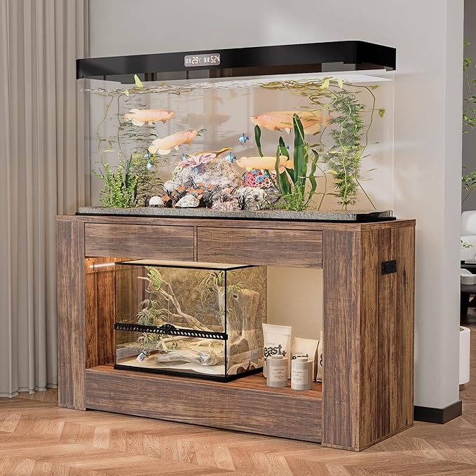 55–75 Gallon Aquarium Stand for Fish Tank & Turtle ,Reptile,Amphibian Terrariums, MDF Tabletop & Drawers, Reinforced Metal Frame, LED Lighting, Power Outlets (Rustic Brown)