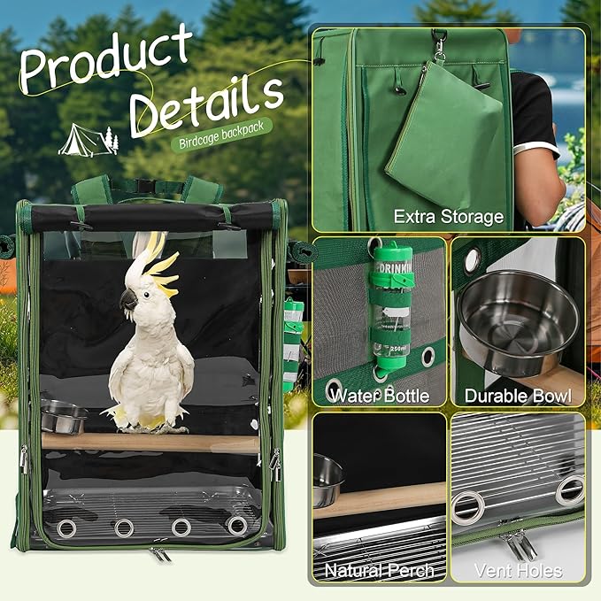 Suertree Bird Carrier Travel Cage, Cockatoo Carrier, Parrot Travel Backpack with Unbreakable Stainless Steel Mesh, Perch, Water Bottle and Food Bowl, X-Large Green