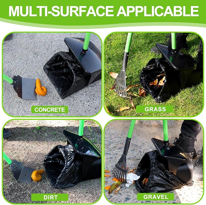 LANNEY Pooper Scooper - 38" Long Adjustable Metal Handle Dog Pooper Scooper Swivel Bin & Rake & Spade with 50 Bags Attachment, Portable Heavy Duty Dog Poop Scooper for Yard Dogs Large Medium Small
