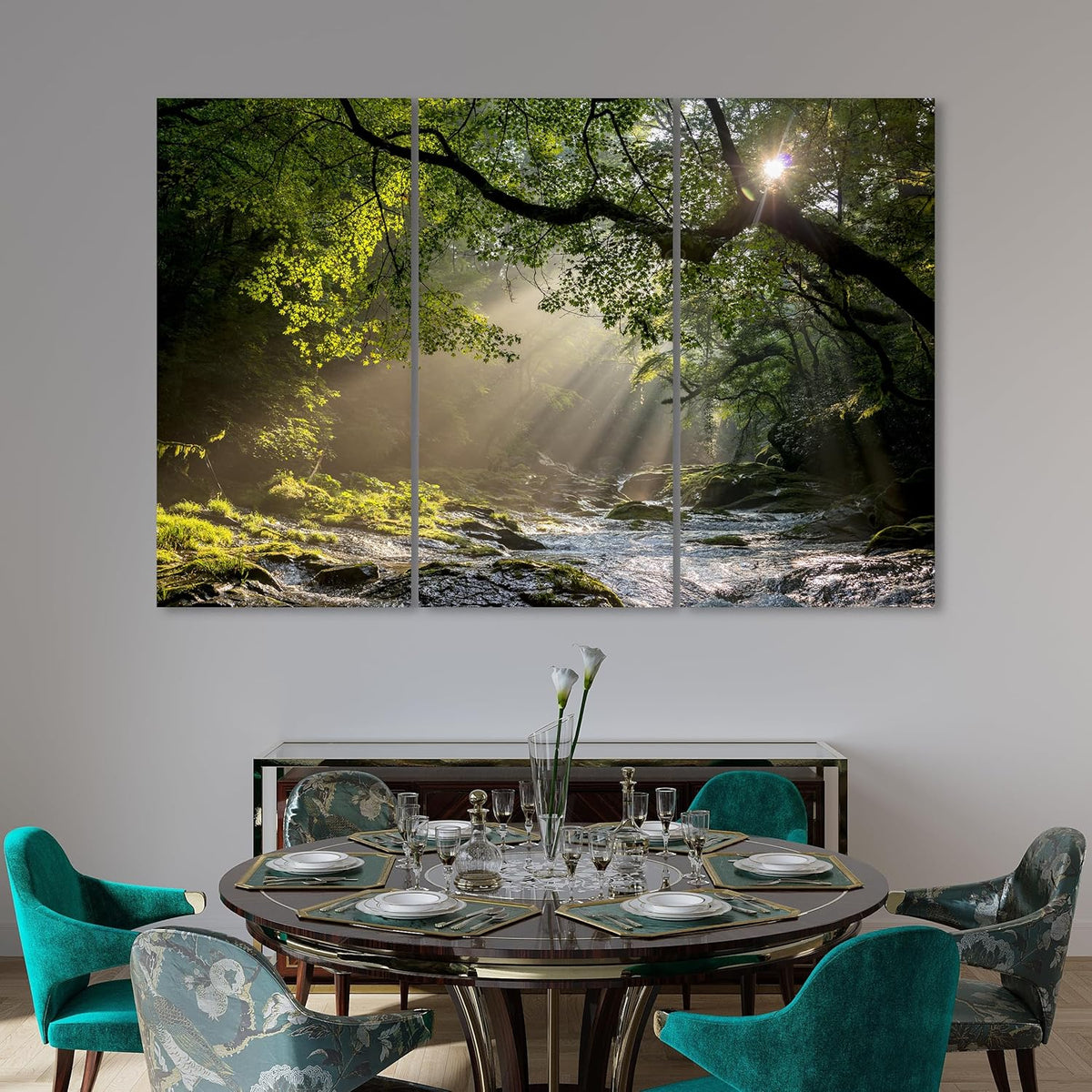 Nature Wall Art Prints - Ocean Forest Mountain Lake Canvas Landscapes - Small to Extra Large Living Room Bedroom Kitchen Bathroom Décor (Rocky River in the Woods, 39L" x 59W" - 3 Panels)