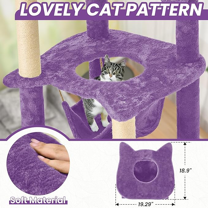 55 Inch Large Cat Tree Tower for Indoor Cats with Hammock Green Leaves Sisal Scratching Post, Plush Hang Ball Play Furniture for Kittens & Adult Cats, New Purple