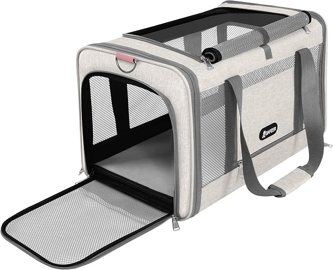 Cat Carrier American Airline Approved 18x11x11, Top Opening Sturdy Soft Pet Carrying Bag See Through, Mini Dog Hard Bottom Crate Kennel Case, 4-Side-Ventilation Mesh Cage Toy Poodle Biege