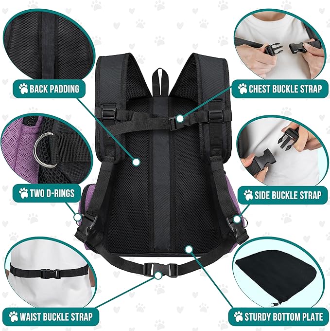 PetAmi Adjustable Cat & Dog Front Chest Carrier Backpack, Ventilated for Hiking & Camping, Max 10 lbs, Purple