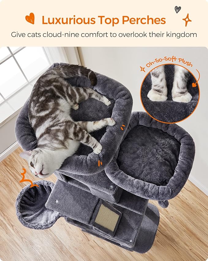 Feandrea Cat Tree, 81.1-Inch Large Cat Tower with 13 Scratching Posts, 2 Perches, 2 Caves, Basket, Hammock, Pompoms, Multi-Level Plush Cat Condo for Indoor Cats, Smoky Gray UPCT190G01