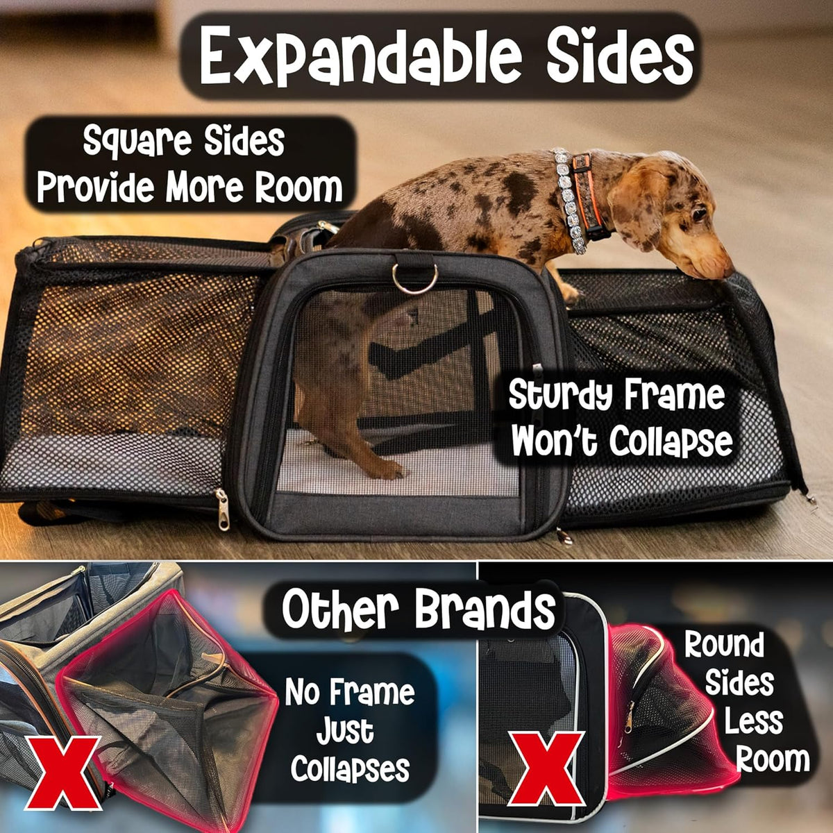 Pet Carrier with Wheels | United Delta American Frontier Airline Approved | Two Expandable Sides, Storage Pockets Adjustable Leash | Rolling Dog and Cat Carrier TSA Compliant (Charcoal)