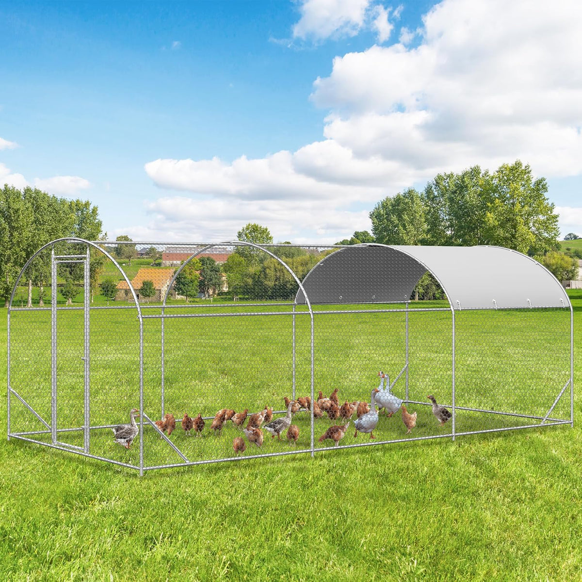Large Metal Chicken Coop, Walk-in Chicken Run Pen with Waterproof Cover, Dome Roof Poultry Cage for Outdoor, Backyard, Farm (8.96'Wx18.9'Lx6.4'H)