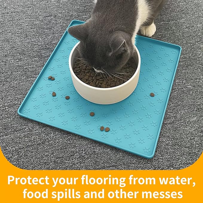 Ptlom Dog Food Mat Anti-Slip Bowl Mats for Food and Water, Waterproof Silicone Pet Placemat with High Raised Edges, Non-Slip Puppy Feeding Tray for Small, Medium Large Cats Dogs, Blue, 11.8"x11.8"