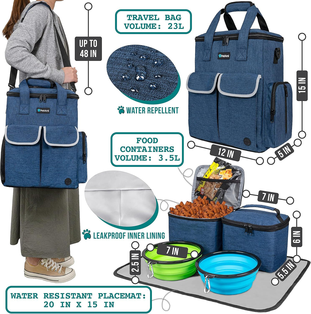 PetAmi Dog Travel Bag Pet Supplies Accessories Organizer for Traveling, Camping, Weekend; Cat Pet Travel Bag Kit Includes 2 Food Storage Containers, 2 Collapsible Bowls, 1 Feeding Mat (Navy Blue)