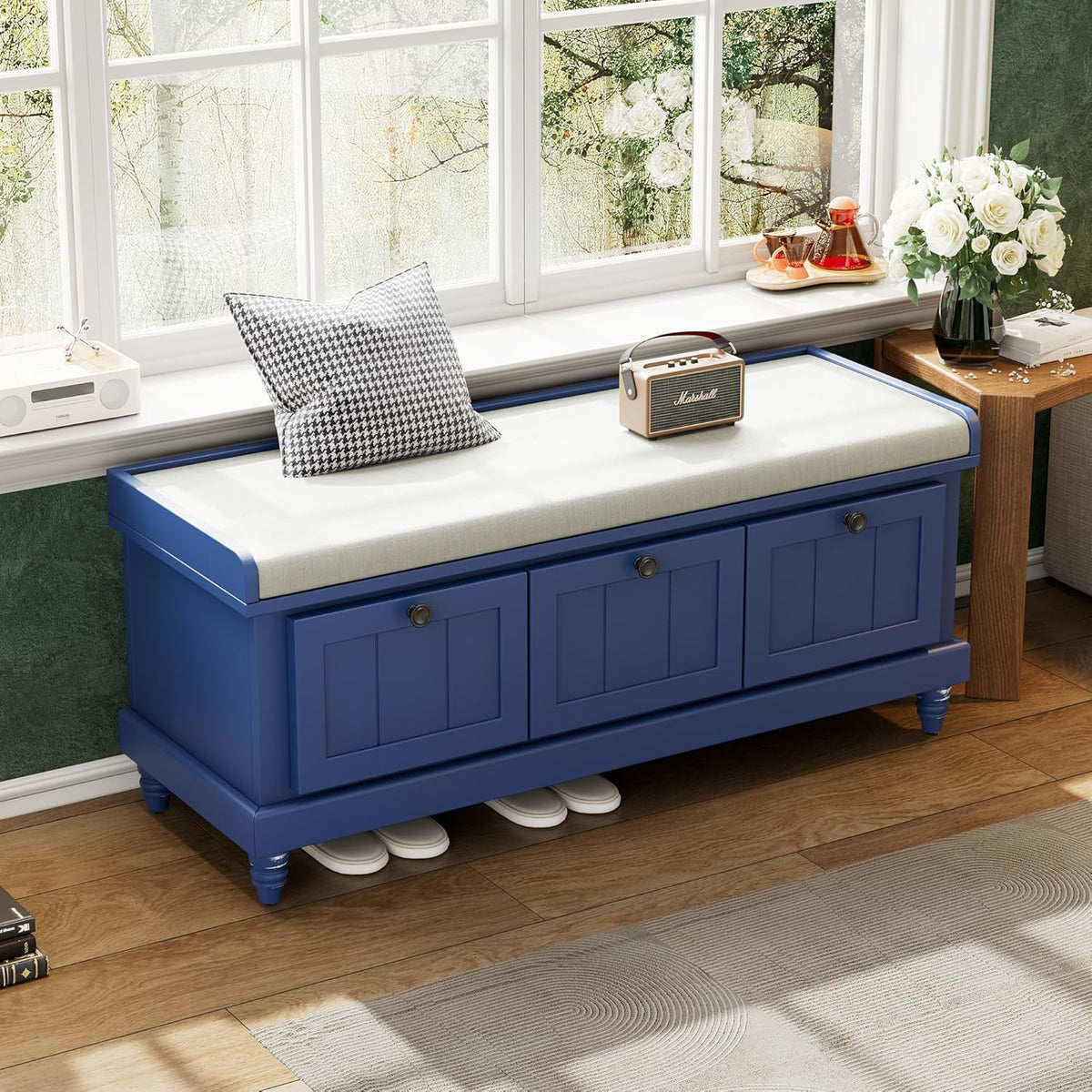 Classic Shoe Storage Bench with Cushion and Three Drawers, Fluted Entryway Bench with Storage for Entryway, Living Room, Hallways 44.0" L x 15.9" W x 18.9" H Antique Navy