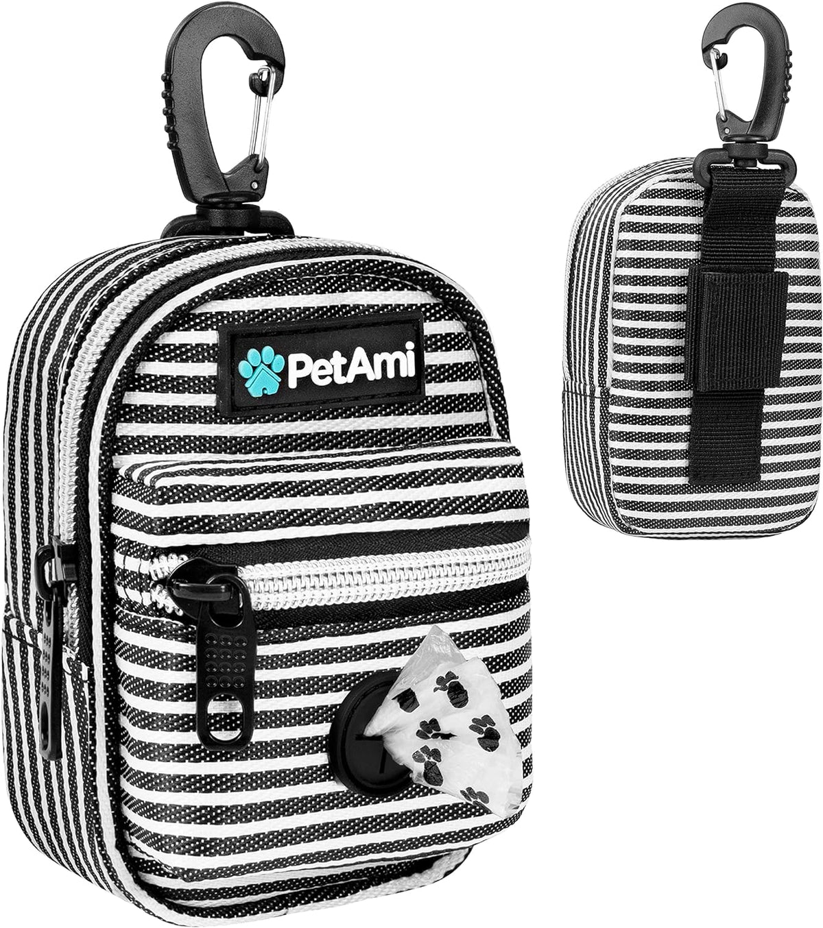 PetAmi Dog Poop Bag Holder for Leash, Dog Pet Waste Bag Dispenser For Poop With Clip, Doggy Puppy Walking Accessories Travel Camping, Dog Treat Pouch Supplies Must Have With Dog Bag Roll, Stripe Black