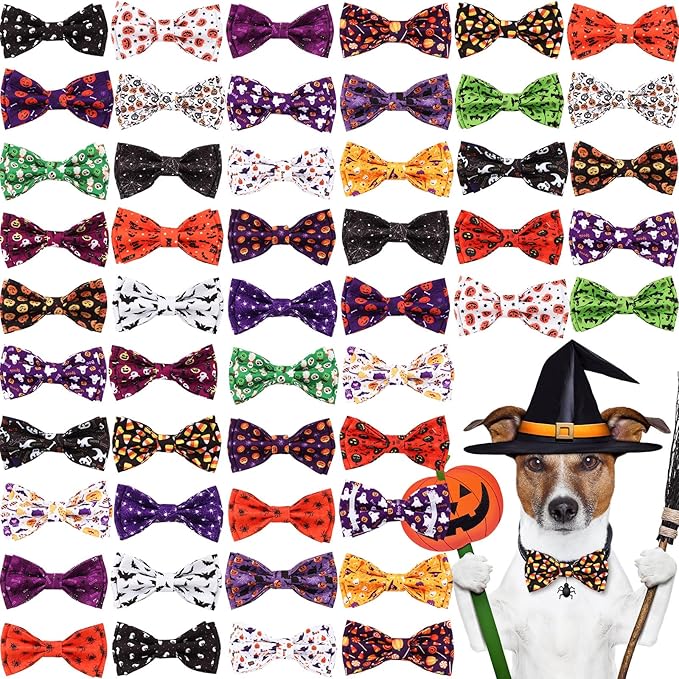 Hillban 50 Pieces Halloween Collar Dog Bow Ties Accessories for Dogs Bow Ties Attachment with Elastic Bands Dog Collar Detachable Charms for Halloween Dogs Collar Accessories