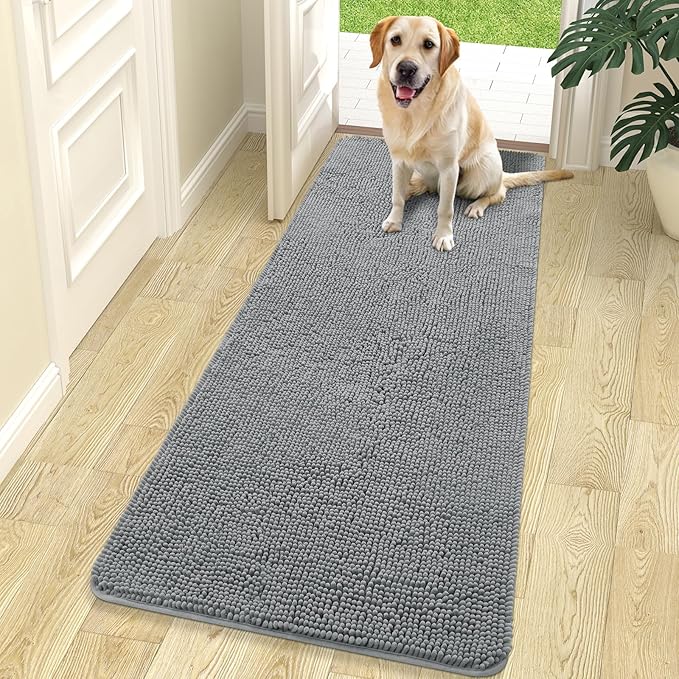 OLANLY Dog Door Mat for Muddy Paws 70x24, Absorbs Moisture and Dirt, Absorbent Non-Slip Washable Doormat, Quick Dry Chenille Mud Mat for Dogs, Entry Indoor Entryway Carpet for Inside Floor, Grey