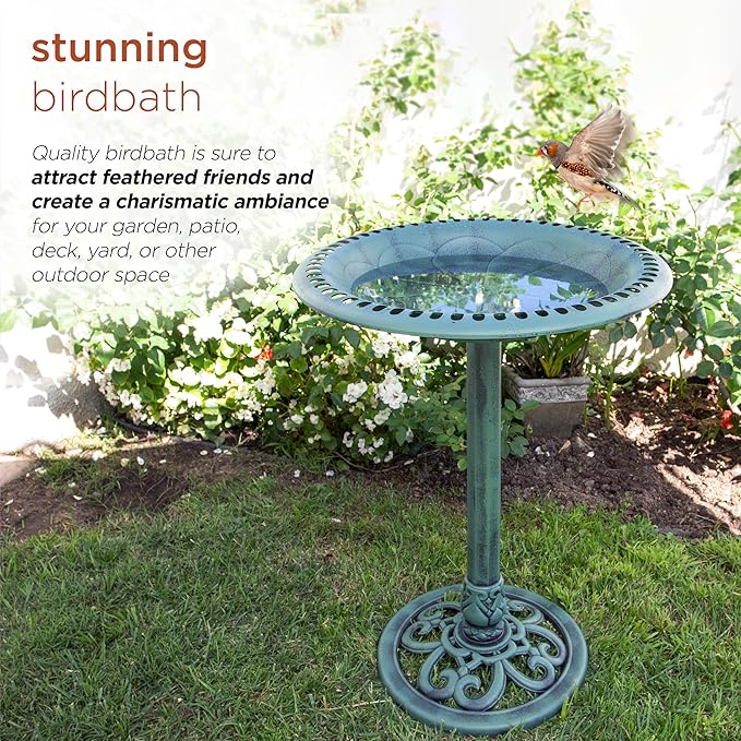 Alpine Corporation TEC116 Outdoor Aged Green Pedestal Birdbath with Scrollwork, 28" Tall, Green