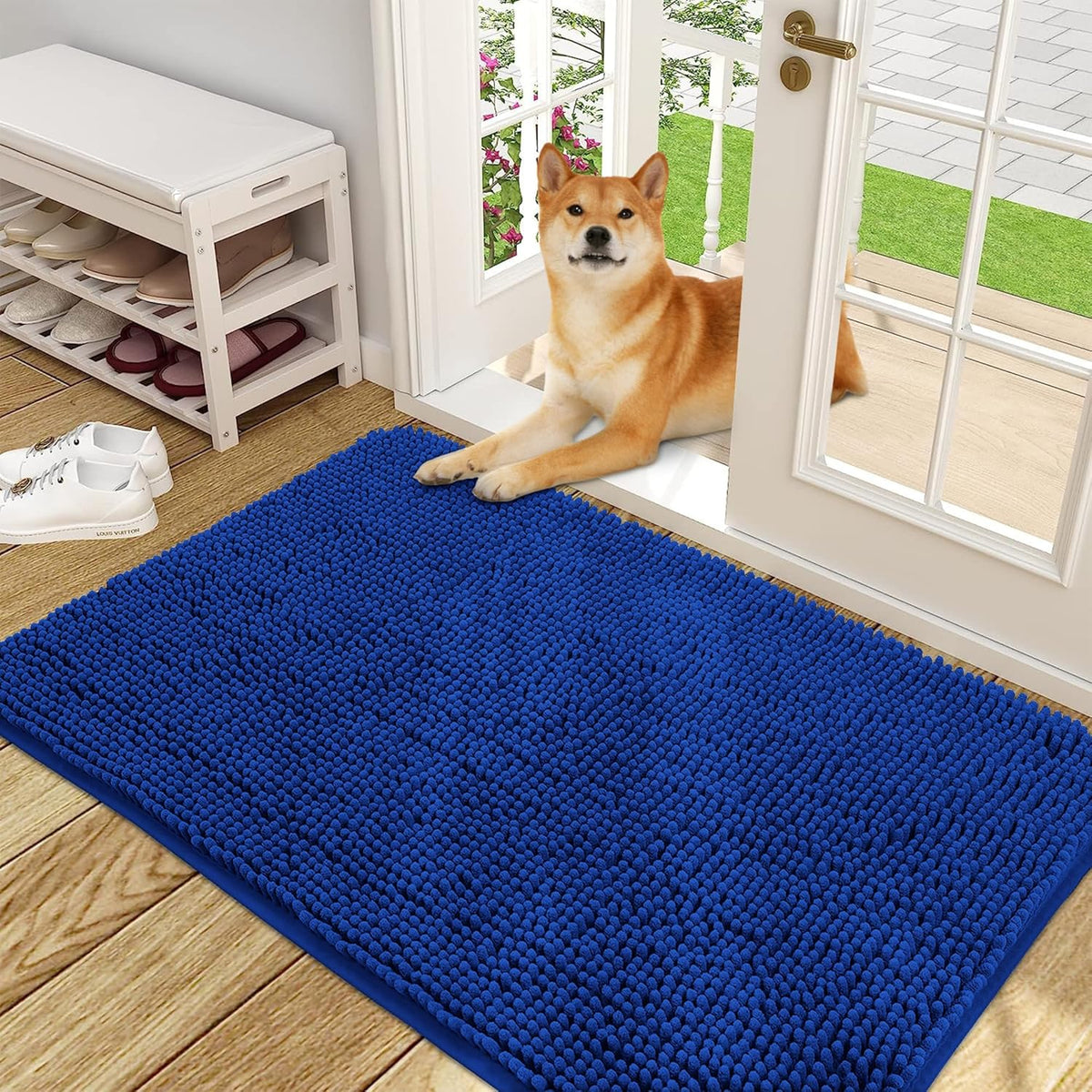 OLANLY Dog Door Mat for Muddy Paws 48x30, Absorbs Moisture and Dirt, Absorbent Non-Slip Washable Doormat, Quick Dry Chenille Mud Mat for Dogs, Entry Indoor Entryway Carpet for Inside Floor, Royal Blue
