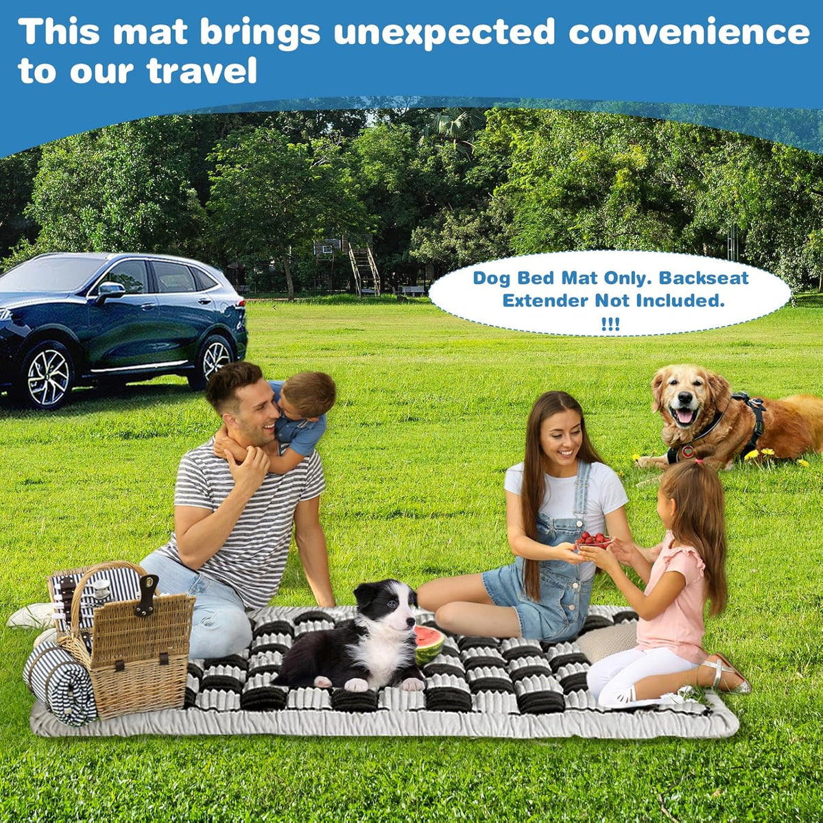 VClife Car Back Seat Cover for Dog, Non Slip Pet Bed Mat Washable Backseat Extender Cushion, Furry Dog Cat Travel Blanket Bed Modern White Black Plaid Bed, 51"×23.6"