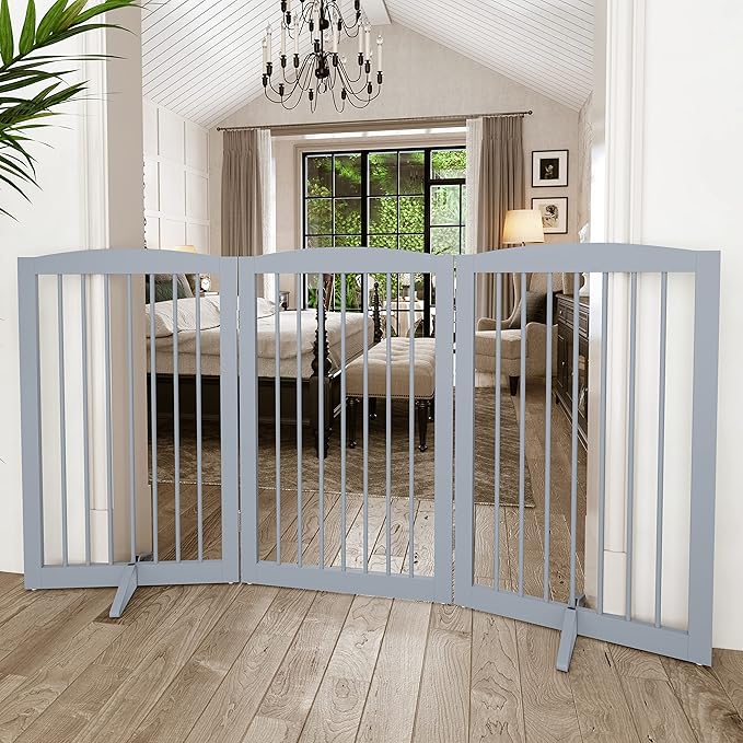 Freestanding Pet Gate for Dogs, Foldable Wooden Dog Gate for House Indoor, Tall Pet Fence for Stair, Doorway,Hall, Support Feet Included, 3 Panels 32",Grey