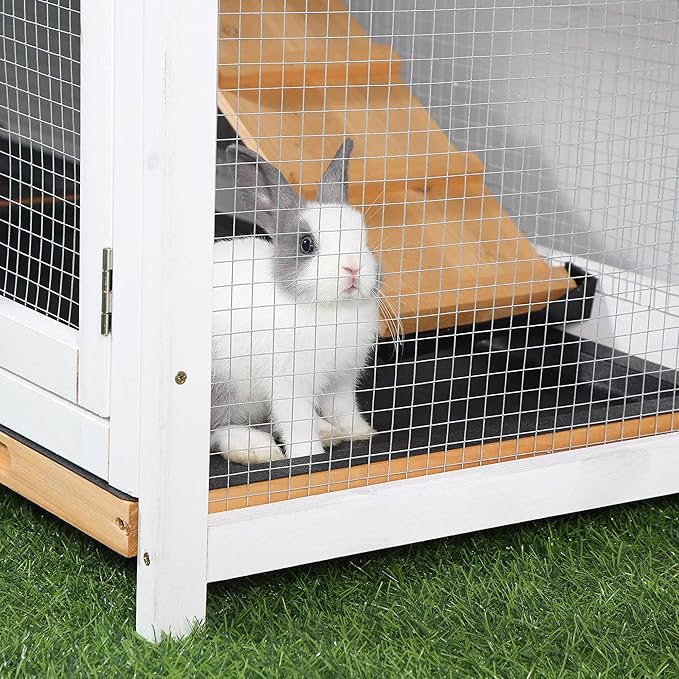 PawHut 62" Rabbit Hutch, Wooden Bunny Hutch, Guinea Pig Cage, Small Animal Enclosure with Run Area, Removable Tray, Asphalt Roof, Lockable Doors and Ramp, Nature Wood