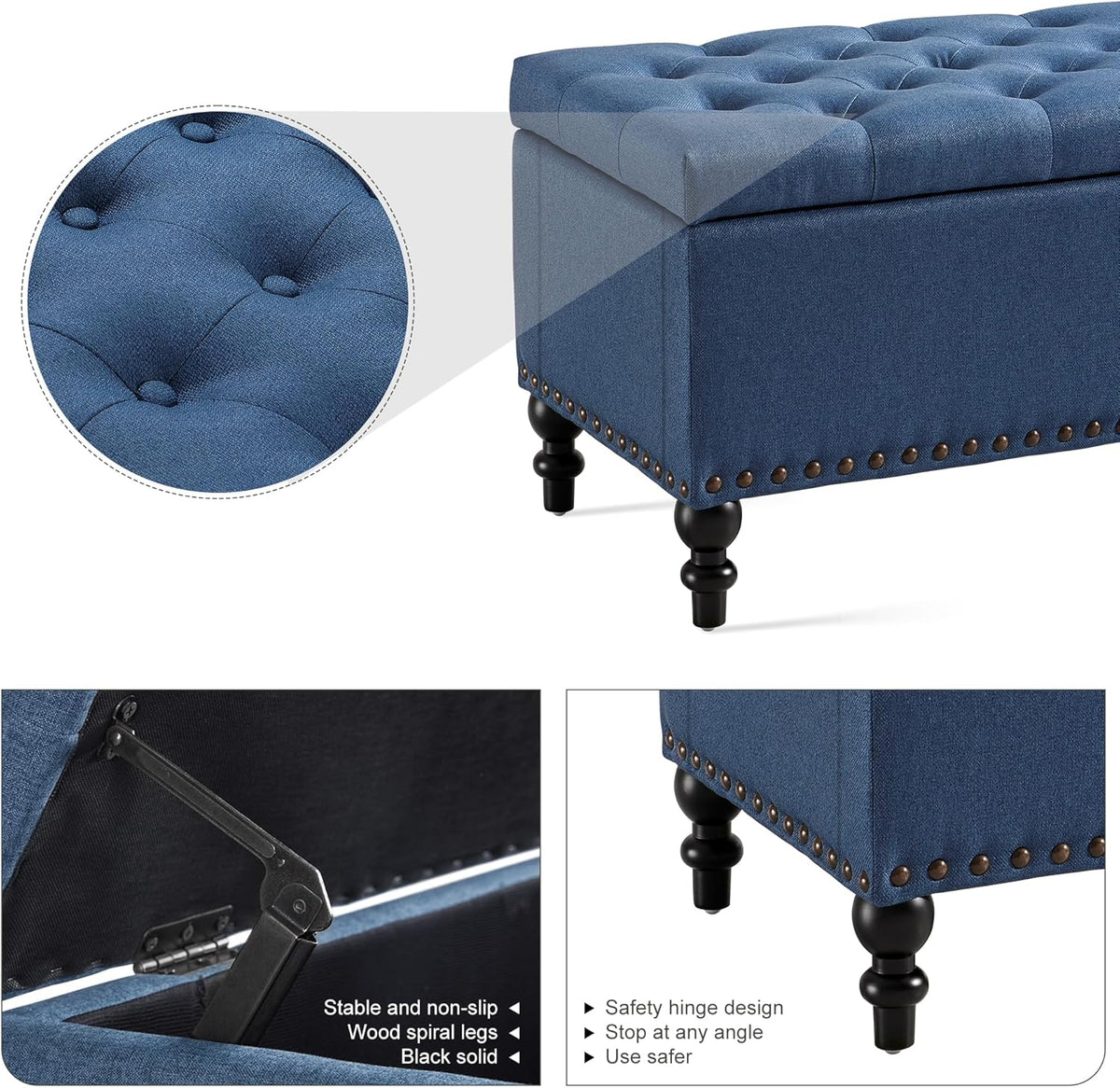 Ottoman with Storage,50.2-inch Upholstered End of Bed Storage Bench for Bedroom,for The Living Room,for Entryway, with Rivets & Button and Safety Hinges,Detachable (Blue)