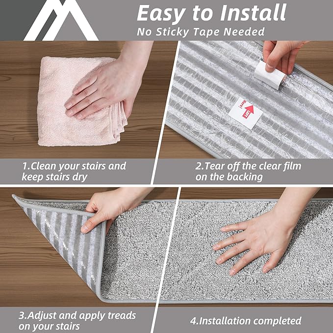 COSY HOMEER Edging Stair Treads Non-Slip Carpet Mat 28inX9in Indoor Stair Runners for Wooden Steps, Edging Stair Rugs for Kids and Dogs, 100% Polyester TPE Backing (7pc, Grey)