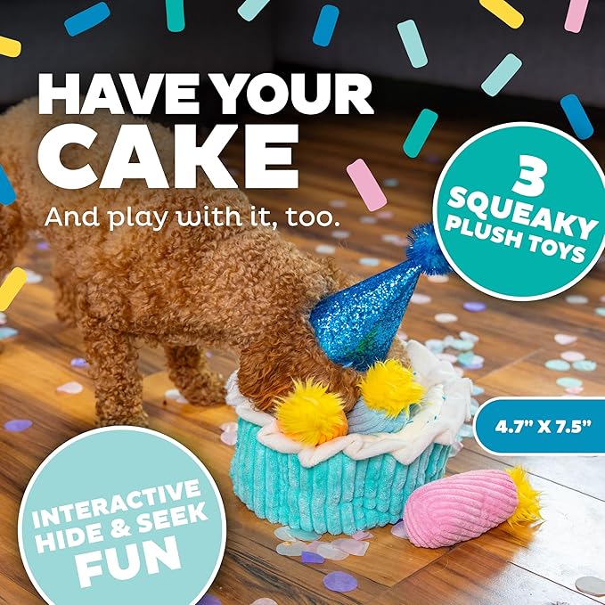 Outward Hound Hide-A-Birthday-Cake Dog Toy – Interactive 2‑in‑1 Plush Puzzle with 3 Squeaky Removable Candles