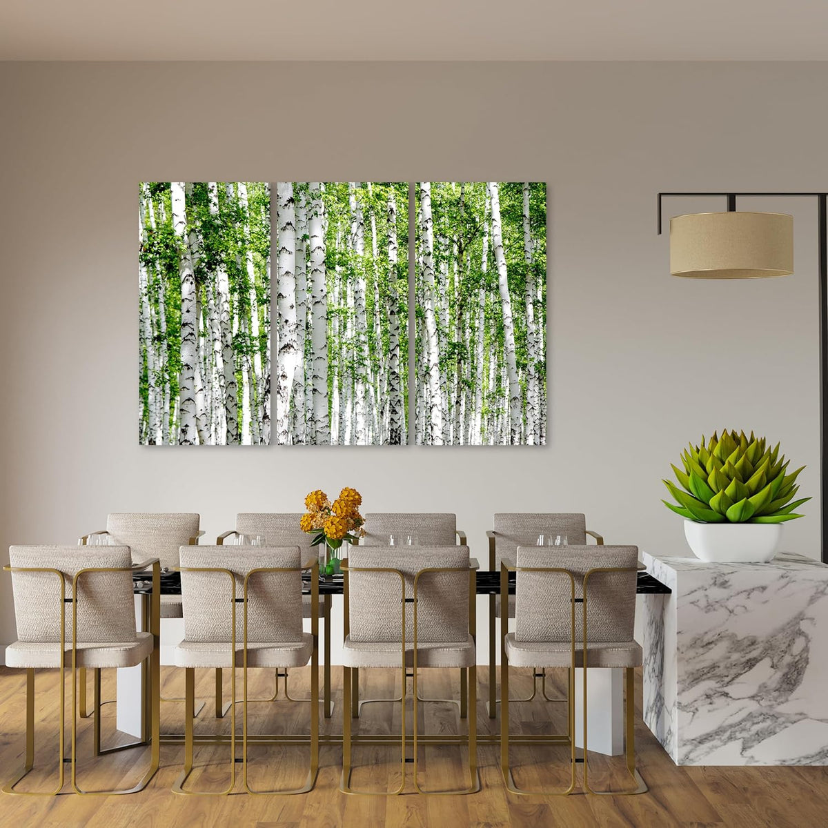 Nature Wall Art Prints - Ocean Forest Mountain Lake Canvas Landscapes - Small to Extra Large Living Room Bedroom Kitchen Bathroom Décor (Green Brich Trees, 47L" x 71W" - 3 panels)