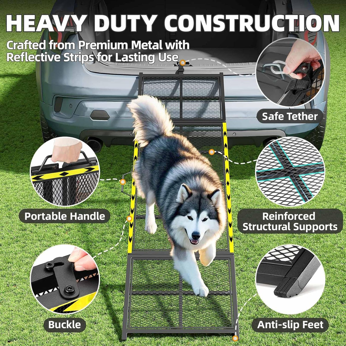 Dog Ramp for Car, 74x20 Inches Outdoor Portable Dog Ramps for Large Dogs with Reflective Strips, Non-Slip Surface Pet Ramp (Support Up to 150LBS)