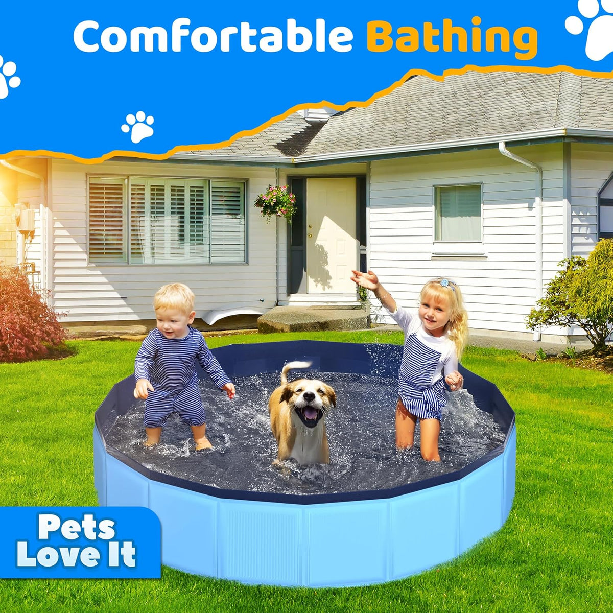 63" x 12" Foldable Dog Pool - Collapsible Hard Plastic Kiddie Pool for Dogs & Kids, Non-Slip Pet Bath Tub for Outdoor Backyard Use, Lightweight & Portable (Blue)