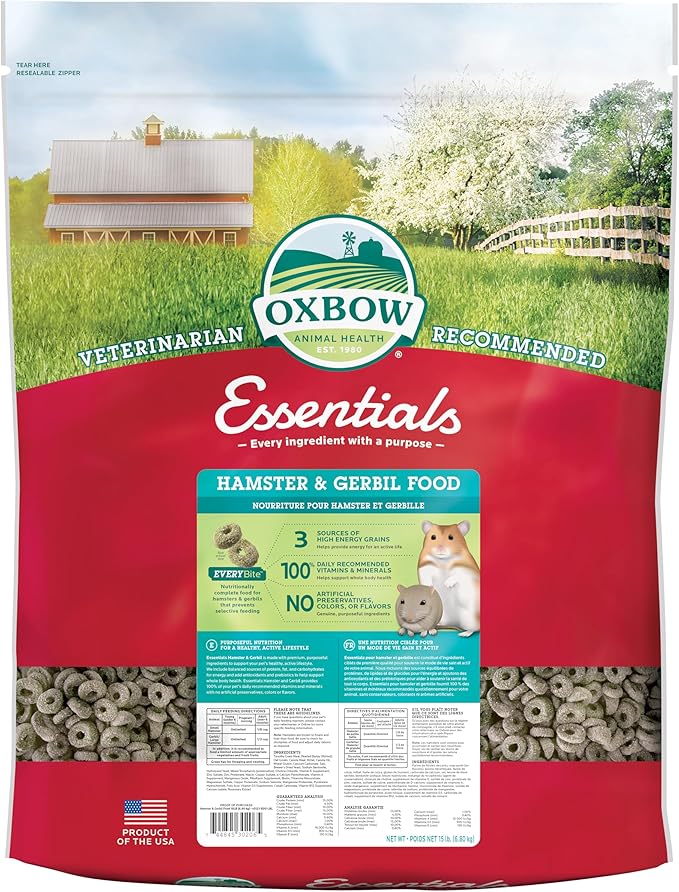 Oxbow Essentials Hamster Food and Gerbil Food, Vitamin & Mineral Rich Daily Diet for Hamsters & Gerbils, Veterinarian Formulated, Small Animal Pet Products, Made in USA, 15 lb Bulk Bag