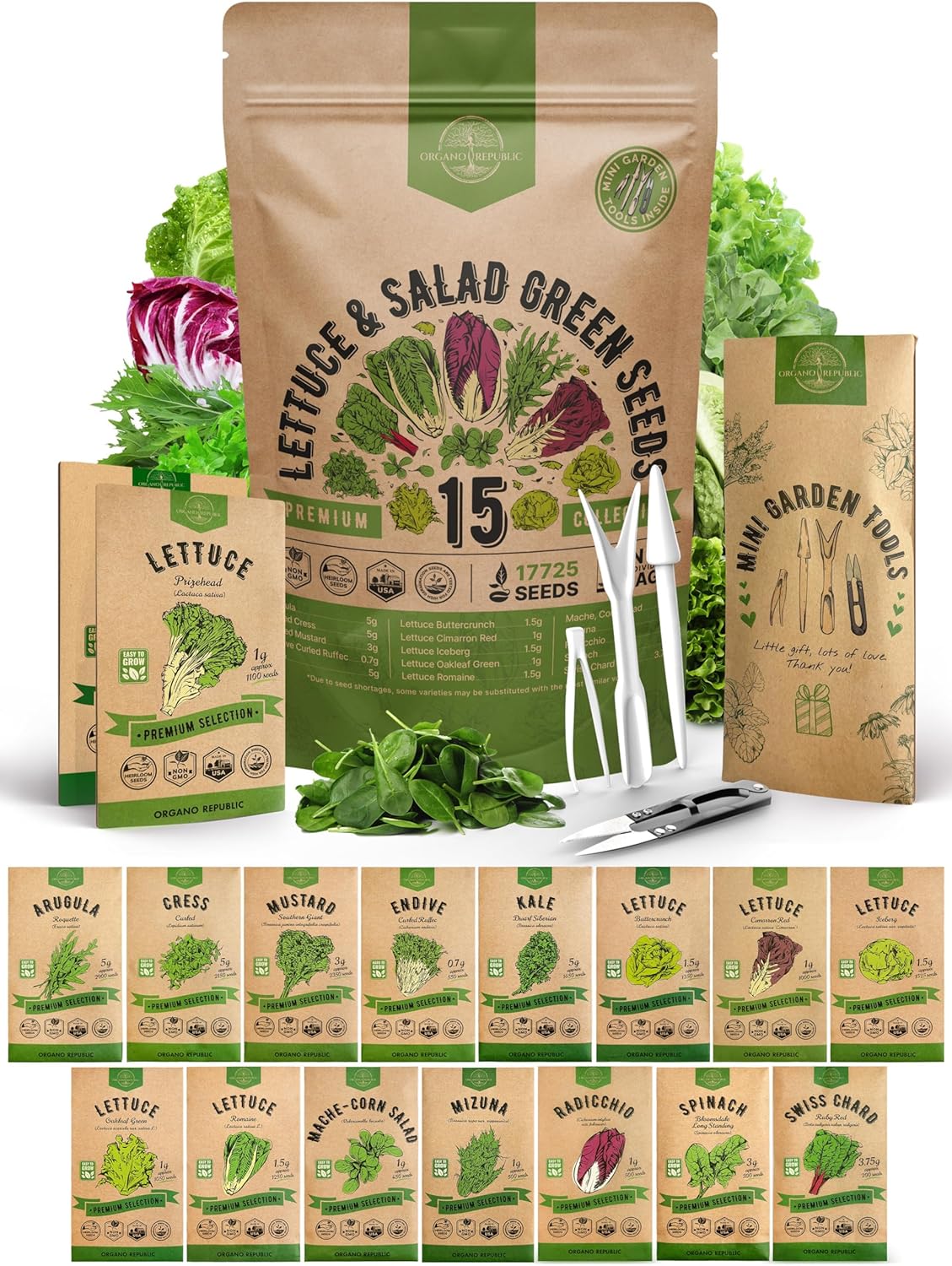 Organo Republic 15 Lettuce & Salad Greens Seeds Variety Pack 17700+ Non-GMO Heirloom Lettuce Seeds for Indoors & Outdoors Garden, Hydroponics, Aerogarden - Arugula, Kale, Spinach, Swiss Chard, Lettuce