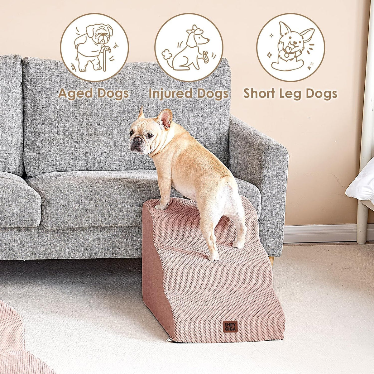 EHEYCIGA Curved Dog Stairs Ramp for Small Dogs 15.7" H, 3-Step Dog Steps for Couch Sofa and Chair, Pet Stairs for Cats, Non-Slip Balanced Pet Steps Indoor, Dusty Pink