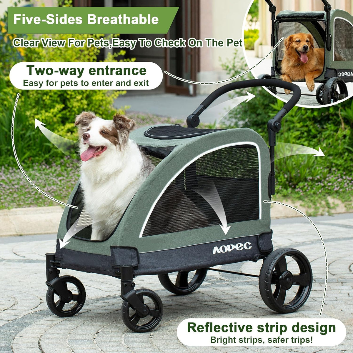 Large Dog Stroller - Dual Entry Safety Folding Pet Stroller with Adjustable Handle, All-Terrain 4-Wheel, 160 lbs Weight Capacity for Travel & Outdoor Adventures - Green