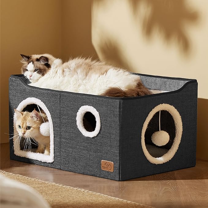 Bedsure Large Cat Beds for Indoor Cats - Extra Wide Cat Cube House for Small Pet with Fluffy Ball Hanging and Scratch Pad, Foldable Pet Cave Hideaway for Multiple Cats, 23.6x16.9x13 inches, Dark Grey