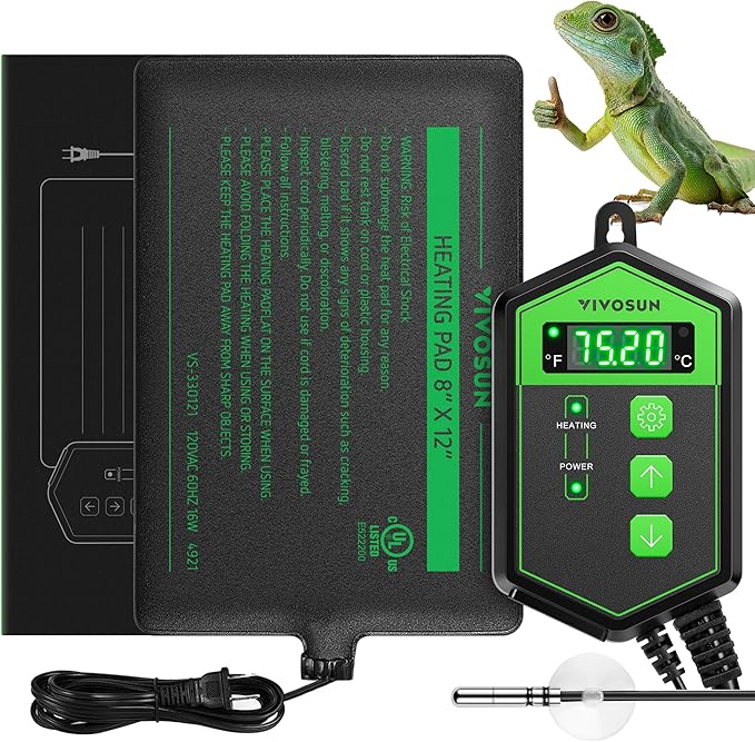 VIVOSUN Reptile Heating Pad 8x12 Inch with Thermostat Combo Under Tank Terrarium Heating Mat for Turtles, Lizards, Frogs, and Other Reptiles