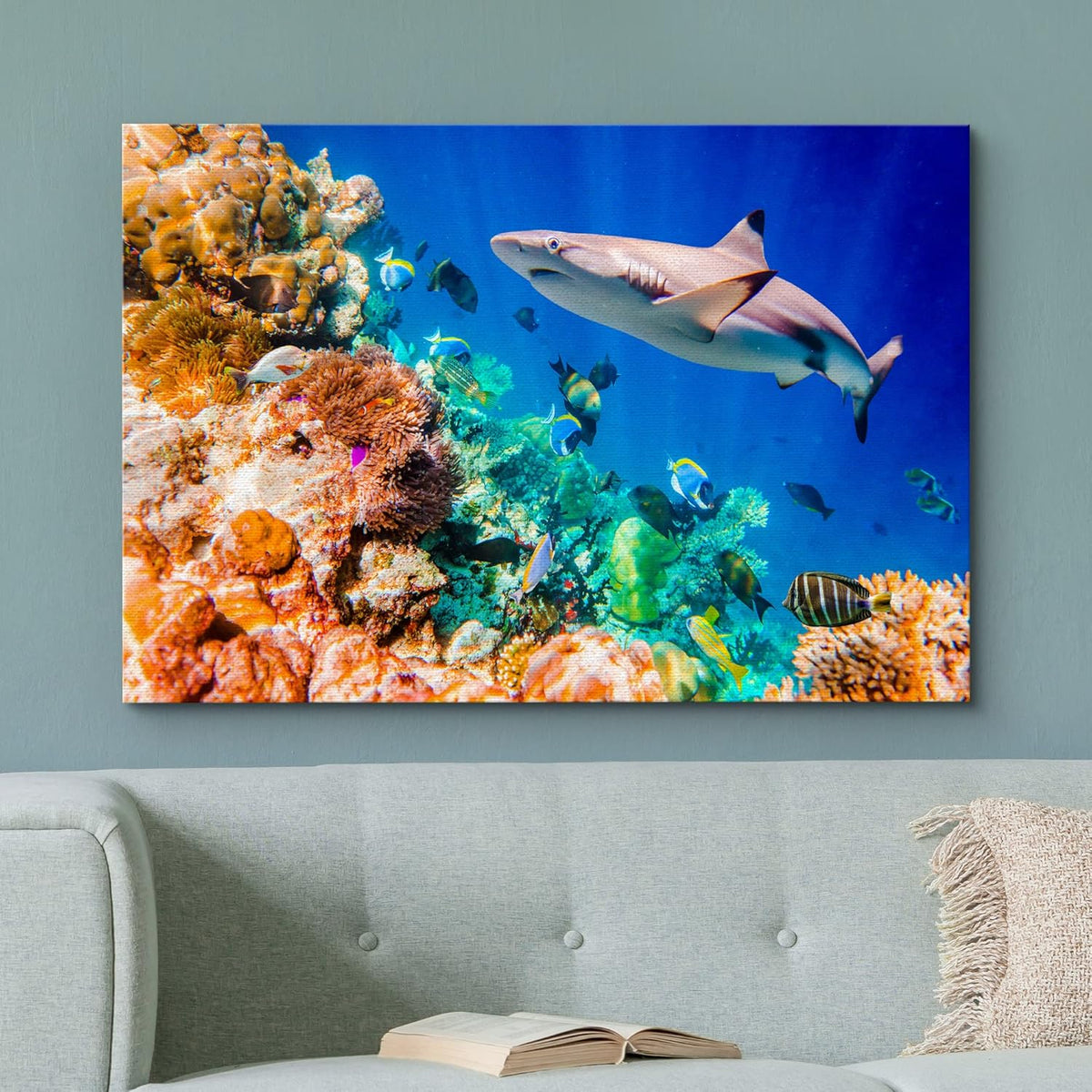 wall26 Canvas Print Wall Art Shark Fish Multicolor Coral Reef Ocean Sea Nature Animals Photography Realism Rustic Scenic Landscape Wilderness Earth for Living Room, Bedroom, Office - 32"x48"
