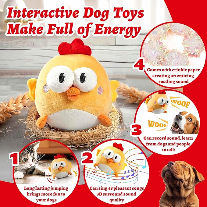 Interactive Dog Toys, Squeaky Moving Ball Toy with Jumping & Music Modes, Rechargeable Plush Chew Toys for Small/Medium/Large Dogs to Keep Puppy Busy Pet Toys (Chick)