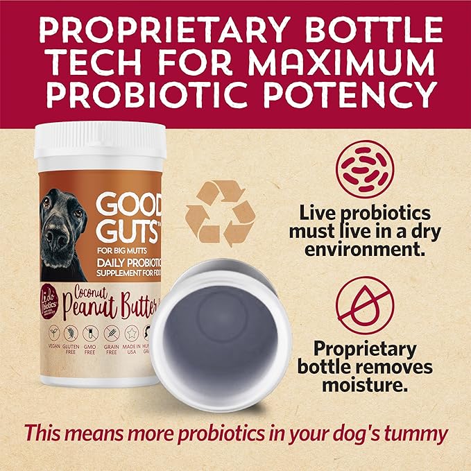 Fidobiotics Good Guts for Big Mutts Probiotic for Dogs, 12 Billion CFUs, 11 Strains, 5 Digestive Enzymes, 2 Prebiotics, Digestive Gut Health for Dogs, Adult & Puppy Probiotics Supplements (20 Days)